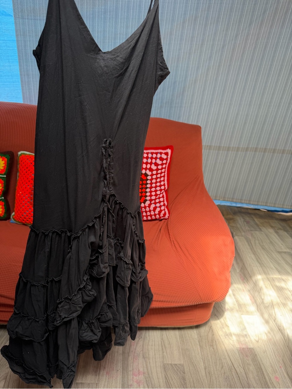 Women's Black Ruffled Maxi Dress - Lightweight Summer Slip Dress - Picture 7 of 7